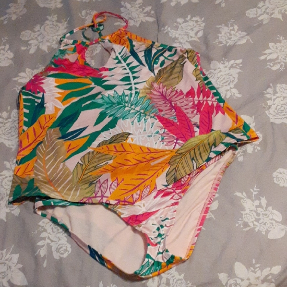Gibson Tropical Leaf High Neck Bikini Set in Pink, Green & Yellow
